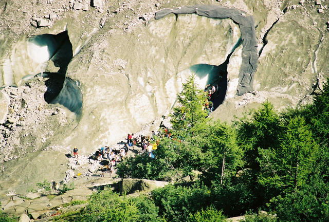 The entrance of the glacier tunnel, as seen from the balcony overlooking the Sea of Ice